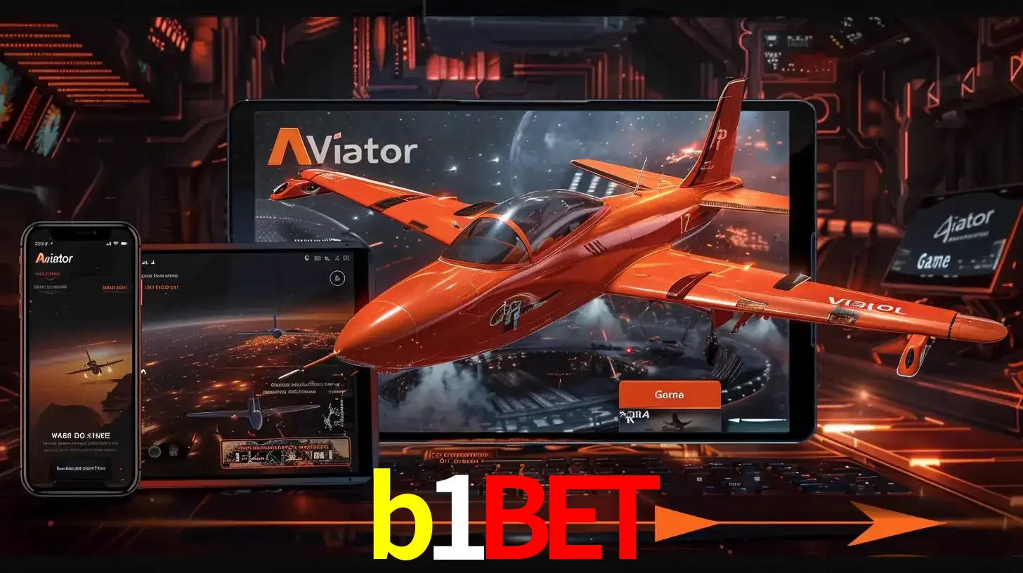 Apresentação tecnológica do jogo Aviator com um avião saindo da tela de um tablet, demonstrando a experiência imersiva em múltiplos dispositivos no b1bet.