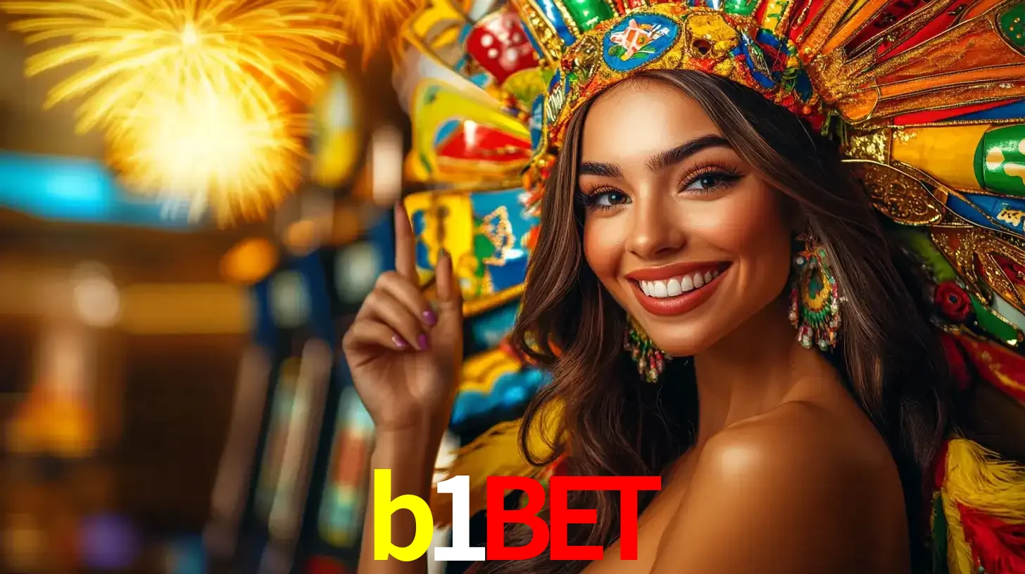 Mulher sorridente com um cocar de carnaval vibrante e colorido, celebrando uma grande vitória nos jogos do cassino b1bet com fogos de artifício ao fundo.