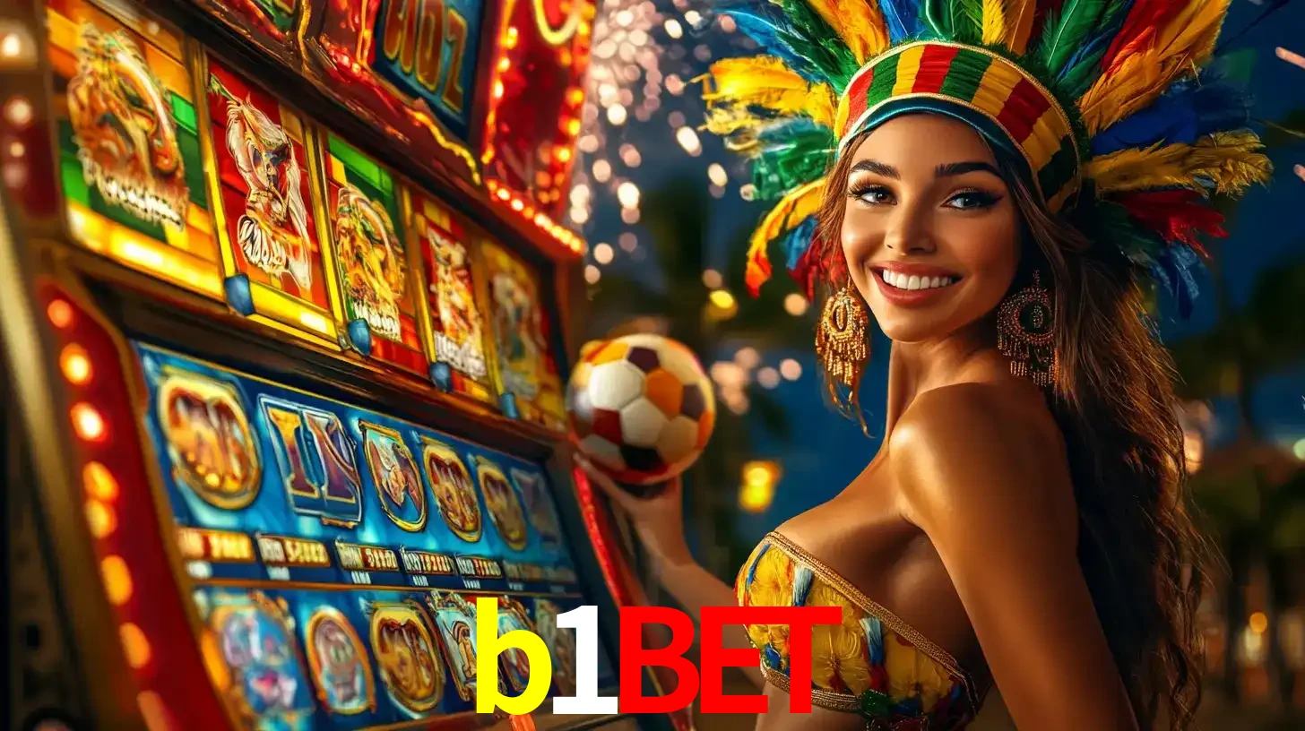 Mulher com um cocar de carnaval ao lado de uma máquina de caça-níqueis enquanto segura uma bola de futebol, mostrando a união da diversão de cassino e esportes no b1bet.