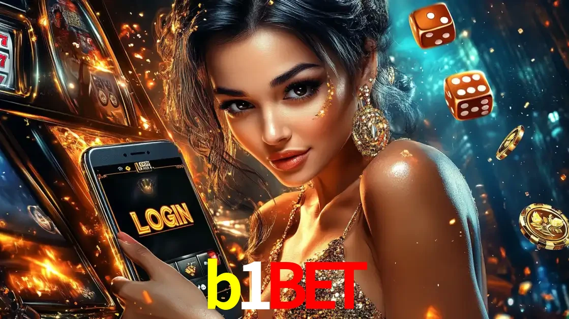 Mulher glamourosa segurando um celular com a tela de login do cassino b1bet, rodeada por dados e moedas douradas, pronta para começar a diversão.