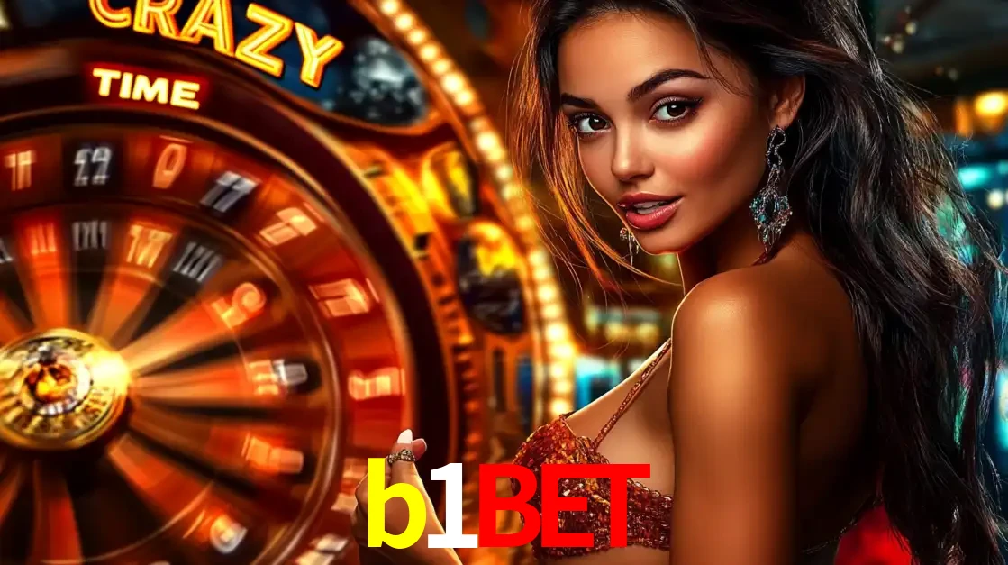 Mulher ao lado da roda de prêmios do jogo de cassino ao vivo Crazy Time, um dos shows de jogos mais emocionantes oferecidos pela plataforma de apostas b1bet.