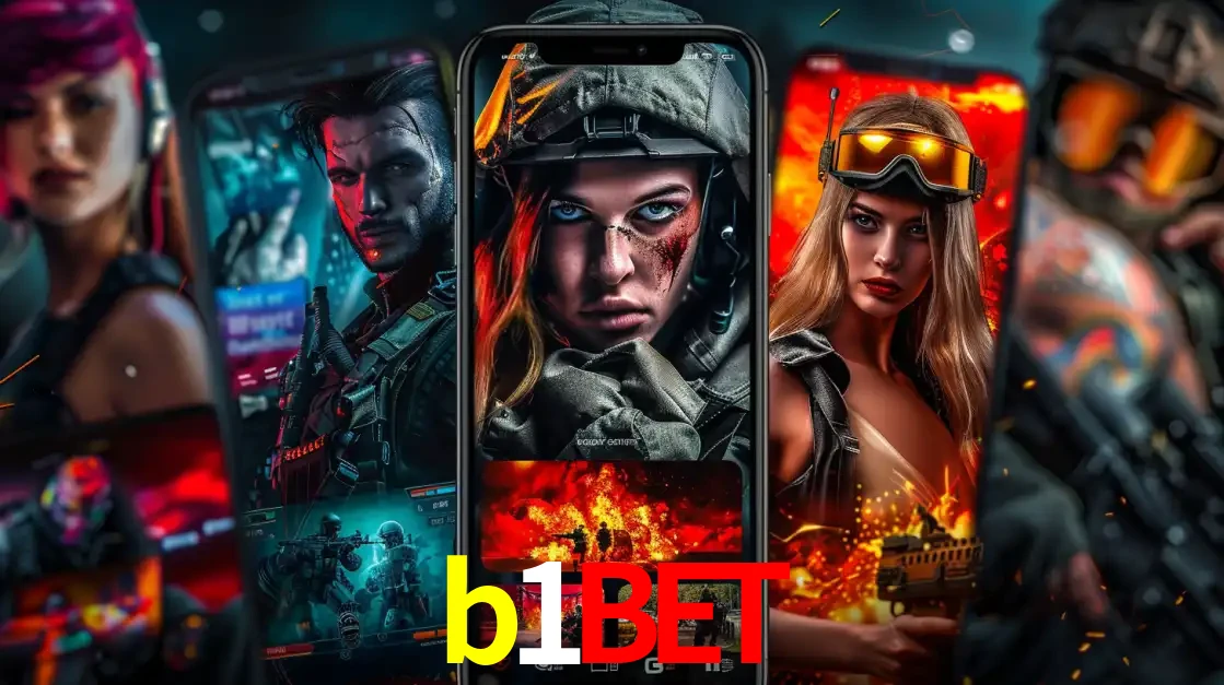 Montagem de telas de celular mostrando diversos personagens, masculinos e femininos, de um jogo de tiro, ilustrando a diversidade de equipes de e-sports para apostar no b1bet.