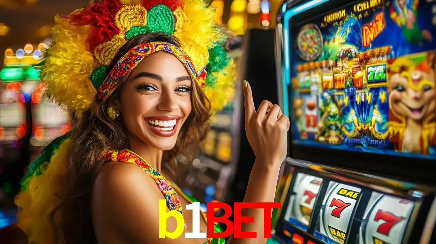 Mulher animada com um cocar de carnaval apontando para uma máquina de caça-níqueis, mostrando a emoção de ganhar um grande prêmio nos jogos do b1bet.