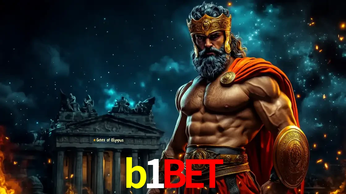 O poderoso Zeus do jogo de slot Gates of Olympus em frente ao seu templo, pronto para lançar multiplicadores divinos e prêmios épicos no cassino online b1bet.