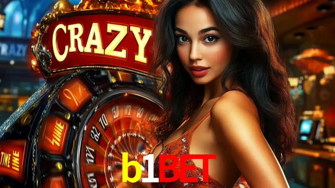 Mulher glamourosa olhando para a câmera com a roda vermelha do Crazy Time ao fundo em um ambiente de cassino, destacando a emoção dos jogos ao vivo no b1bet.