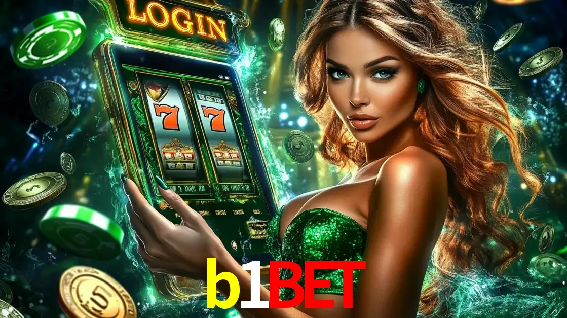 Mulher com tema verde apresentando o aplicativo do cassino b1bet com um jogo de slot de 777, cercada por fichas de cassino e uma aura de sorte.