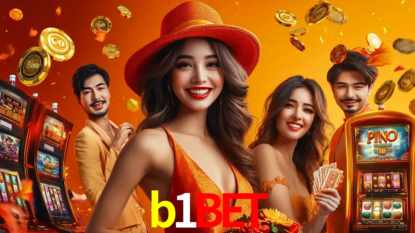 Grupo de amigos asiáticos sorrindo e se divertindo com máquinas de caça-níqueis em um ambiente festivo, celebrando suas vitórias nos jogos de cassino do b1bet.