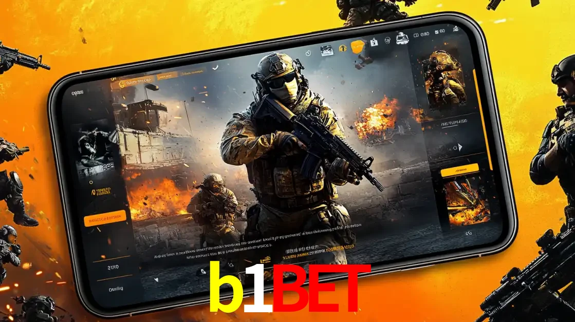 Um smartphone exibindo a interface de um jogo de tiro em primeira pessoa, com um soldado em um cenário de batalha, representando a ação dos e-sports para apostar no b1bet.