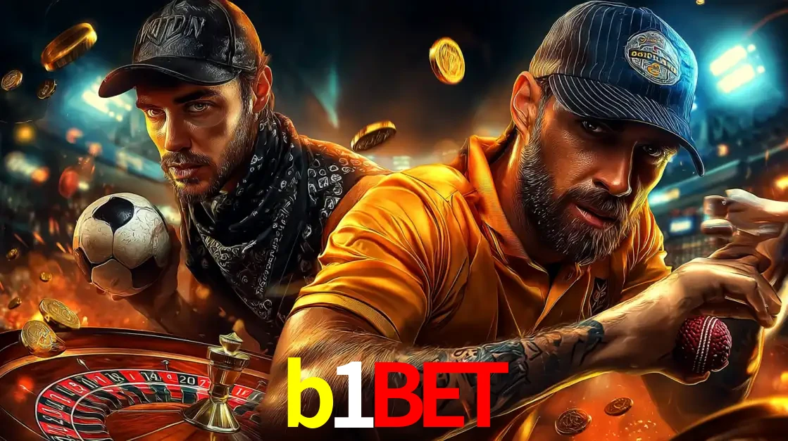 Montagem de apostas esportivas e cassino no b1bet, com um homem segurando uma bola de futebol e outro uma de beisebol sobre uma roleta e moedas voadoras.