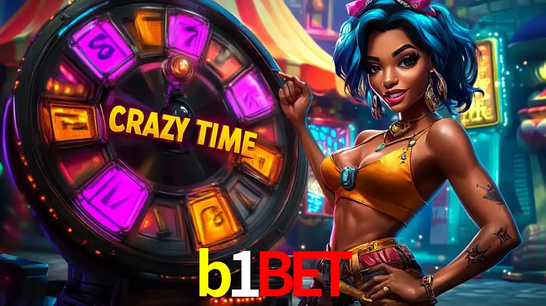 Mulher estilizada com cabelo azul e visual vibrante posando ao lado da roda de prêmios do game show Crazy Time, convidando para a diversão e os bônus do cassino b1bet.