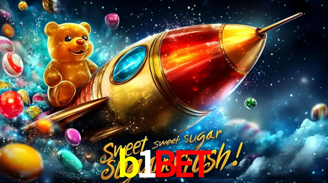 Arte promocional do jogo de slot Sugar Rush, com um urso de pelúcia em um foguete viajando pelo espaço de doces, um dos jogos divertidos disponíveis no cassino b1bet.