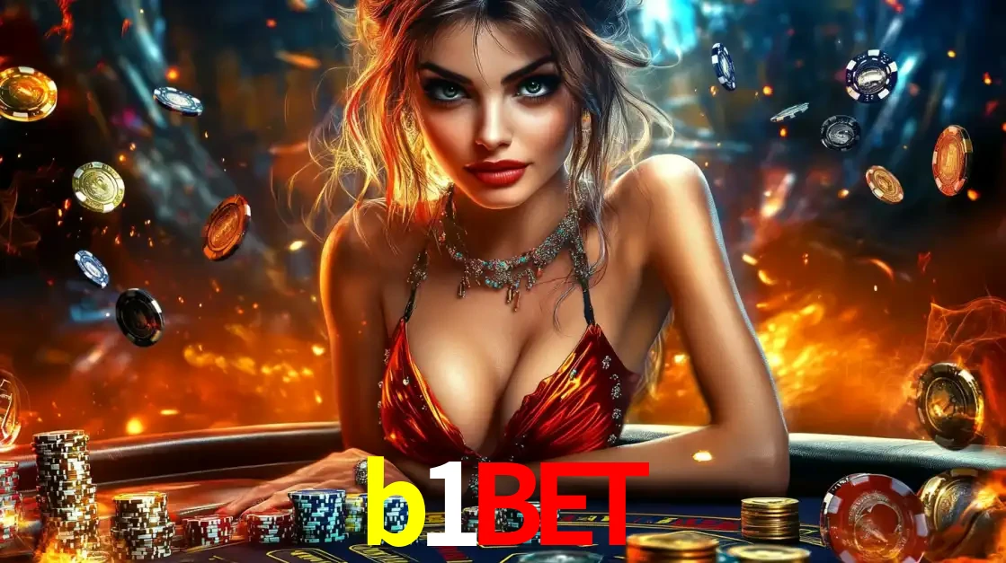 Mulher em uma mesa de cassino com pilhas de fichas e um fundo de fogo, pronta para uma rodada de altas apostas nos jogos de mesa emocionantes do cassino b1bet.