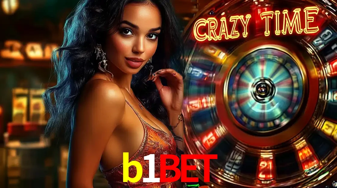Mulher elegante ao lado da vibrante roda da fortuna do jogo de cassino ao vivo Crazy Time, um dos game shows mais populares e cheios de prêmios do b1bet.