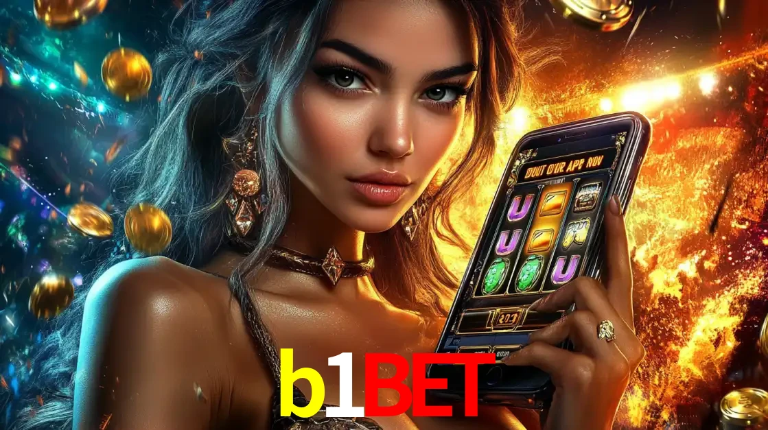 Mulher elegante mostrando um jogo de caça-níqueis em seu smartphone, destacando a experiência de cassino móvel oferecida pelo aplicativo b1bet.