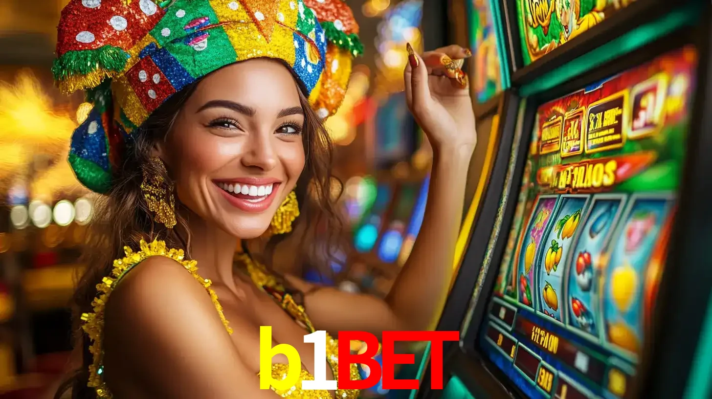 Mulher feliz com traje de carnaval amarelo e colorido ao lado de uma máquina de caça-níqueis, aproveitando a diversão e os jogos temáticos do cassino b1bet.