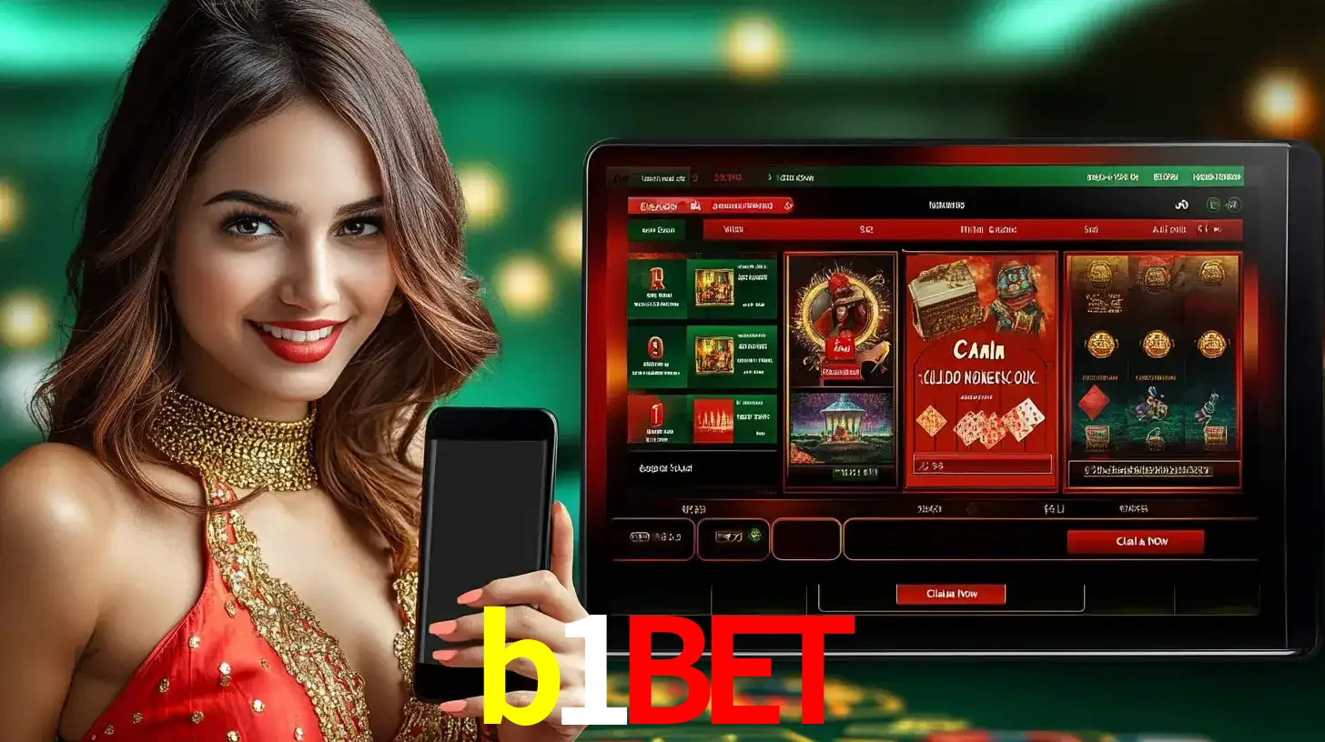 Mulher sorridente segurando um smartphone, ao lado de uma tela exibindo o lobby de jogos do cassino online b1bet, com várias opções de jogos de cartas e slots.